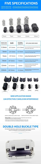 10Pcs Adjustable Toroidal Core Ferrite Bead Clip 3.5/5/7/9/13/15mm Great for EMI RFI Protection Cable Clamp Noise Suppressor