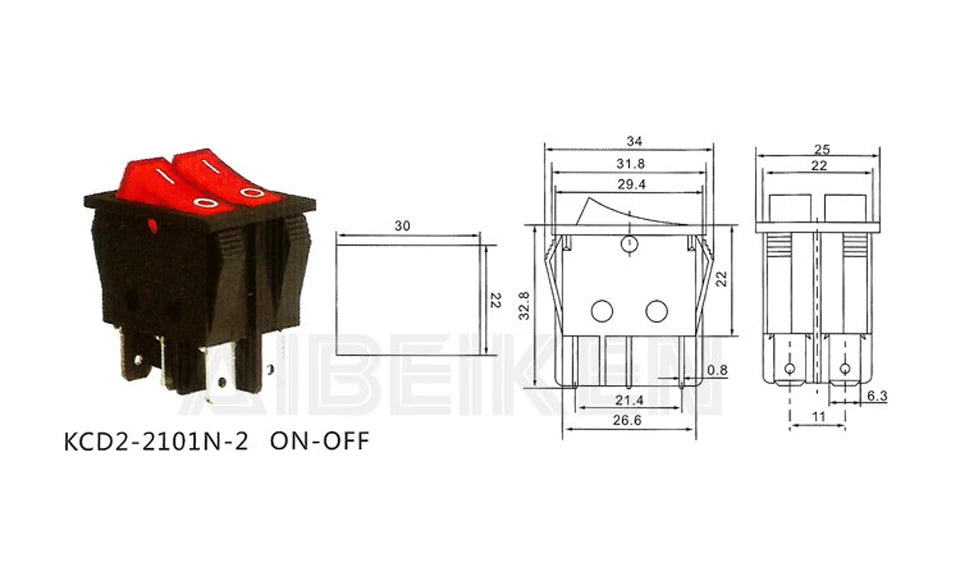 50PCS/LOT Factory Supply KCD2 Mini Rocker Toggle Switch Dual Push Button ON-OFF Plastic Rocker Switch with LED Light 16A250VAC