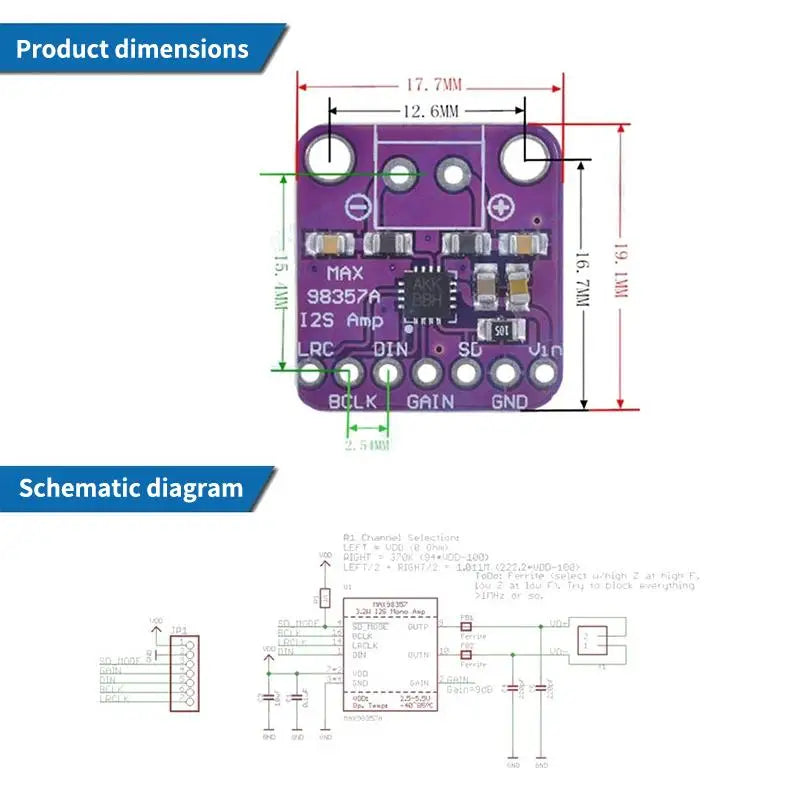 MAX98357A I2S Amplifier Module 3W Class D Filterless DAC Decoder for Raspberry Pi ESP32 DIY Audio