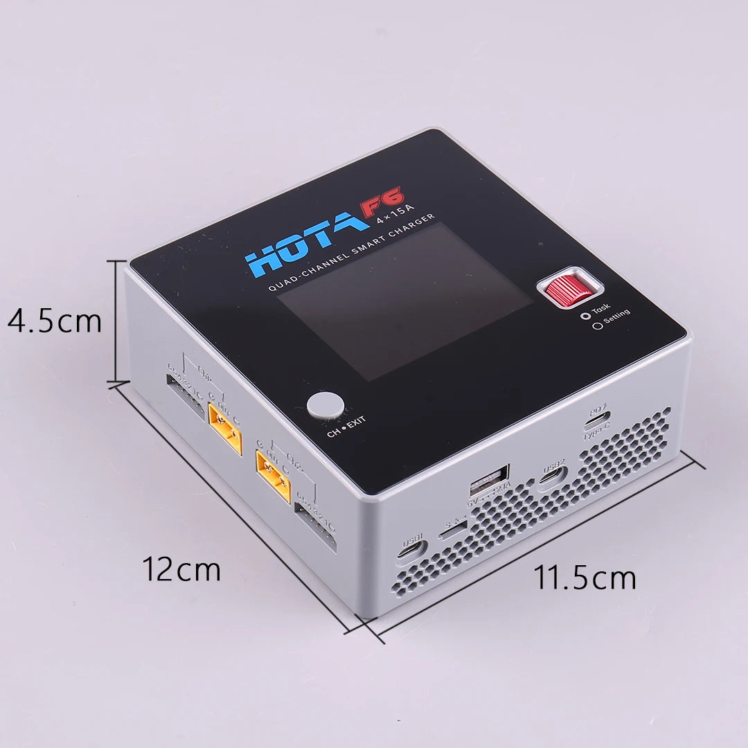 HOTA F6 QUAD-CHANNEL SMART Charger DC1000W 4*15A for Lipo LiIon NiMH Lipo Battery Balance Charger Discharger with USB 45W Type-C
