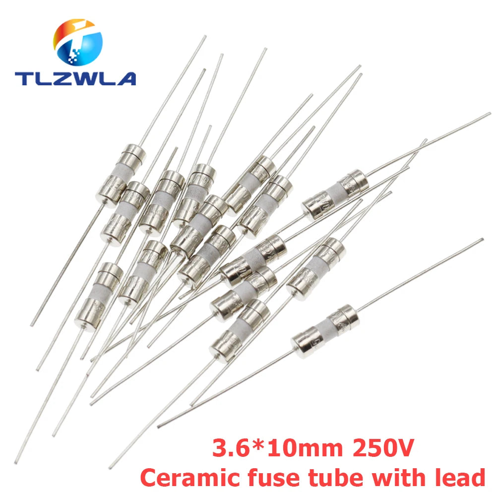 10PCS Quick Break 3.6X10MM Lead Wire Slow Blow Ceramic Fuse Tube 0.5A 1A 1.5A 2A 3A 3.15A 4A 5A 6.3A 8A 10A 15A 250V 3.6*10