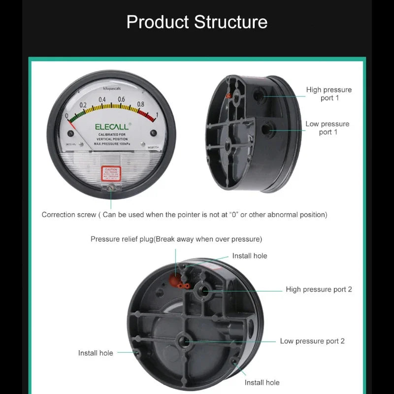 ELECALL EM2000 Differential Pressure Gauge Pa/Kpa/psi/mmH₂O for Air Gas Meters Barometer Pressure for Clean Room