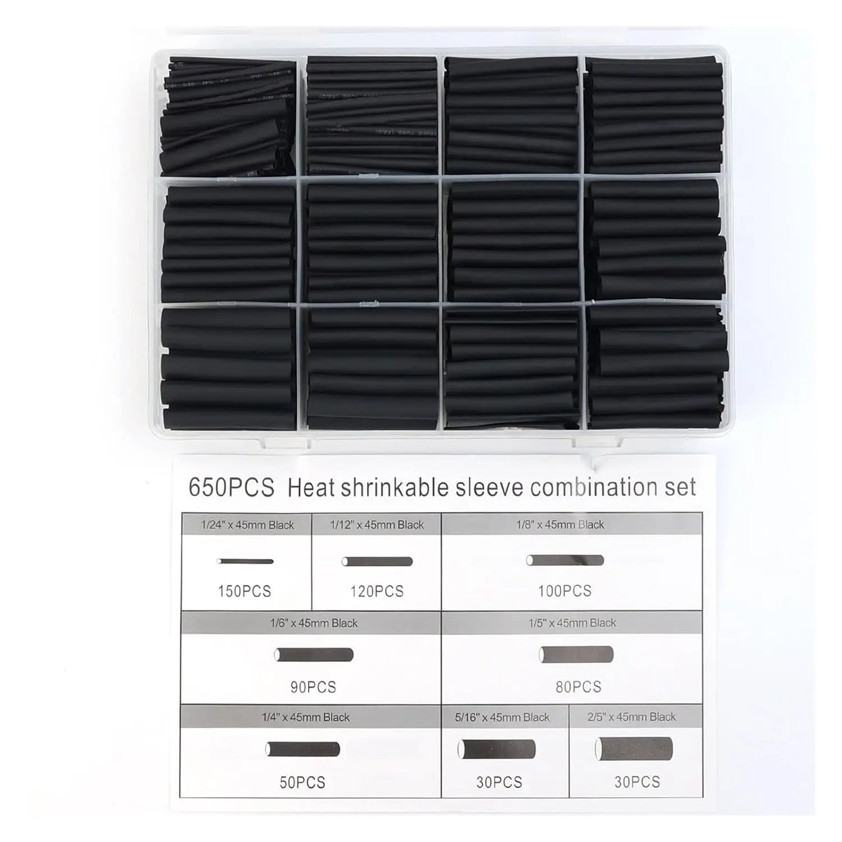 650PCS Heat Shrink Tubing Kits Black Electrical Wire Wrap Cable Sleeves Assortments for Insulation Protection