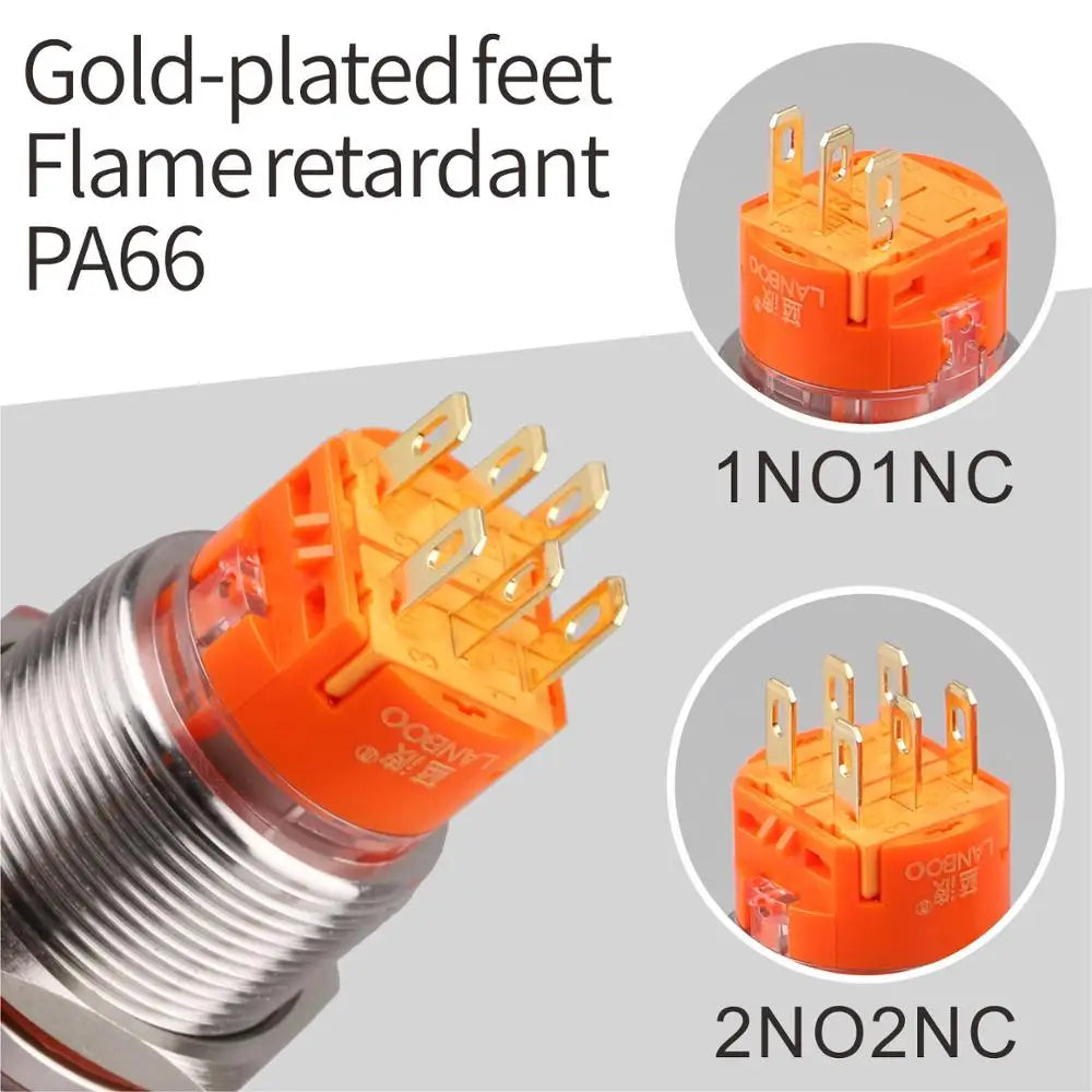LANBOO 19mm 22mm Metal Emergency STOP Mushroom Push Button Switch Latching Button Switch with LED