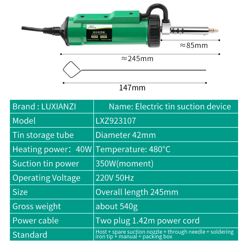 LUXIANZI 220V 50Hz Electric Suction Gun Vacuum Solder Sucker Tin Soldering Iron Desolder Pump Repair Welding Tools with Nozzle