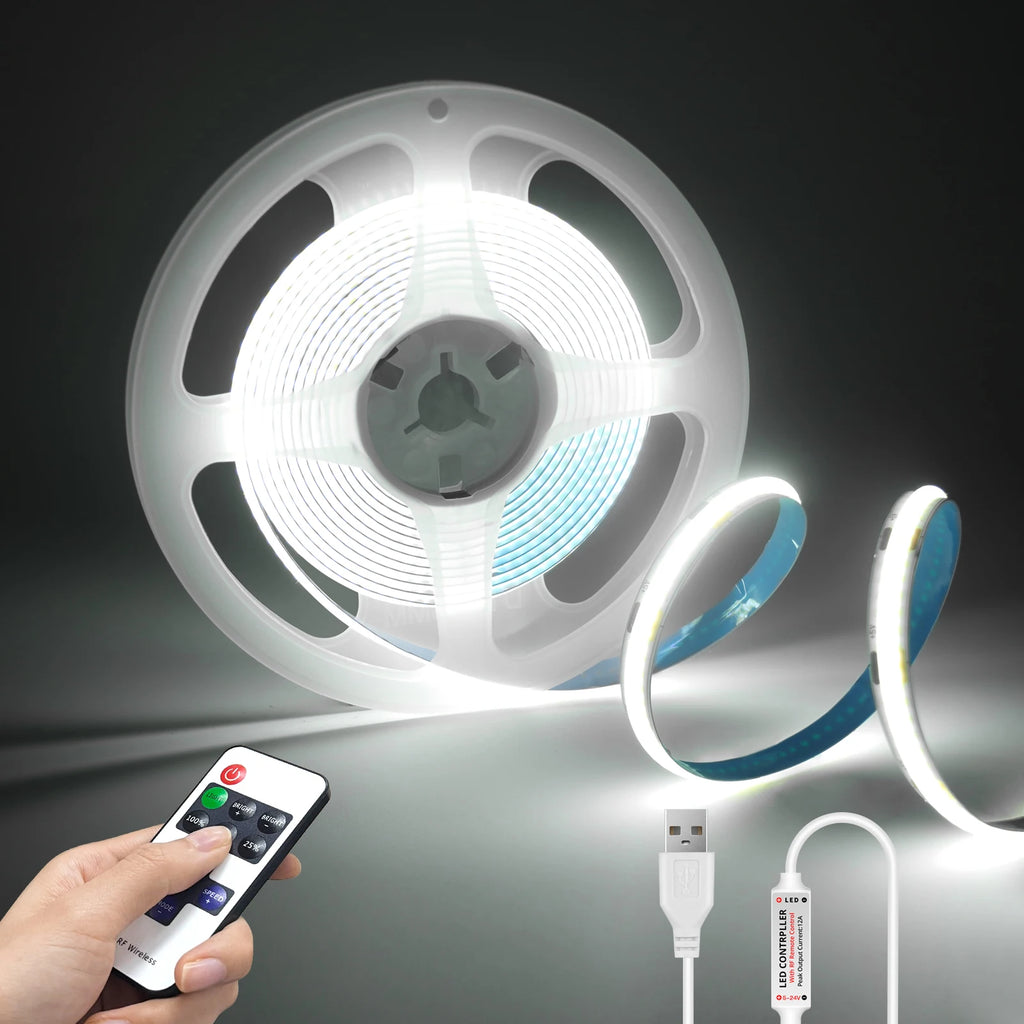 DC5V COB LED Strip with Dimmable Remote Control 2/3/5M White/Warm White COB Strip Light For Indoor Home Cabinet Decor Lighting