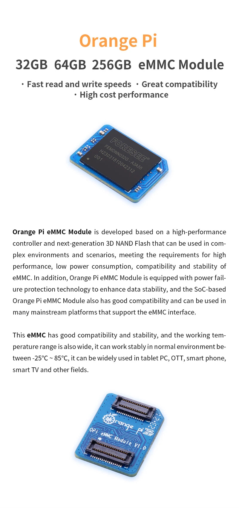 Orange Pi EMMC Module 32GB 64GB 256GB EMMC 5.1 Module for Orange Pi 5 Plus 3D NAND Fast Read Write Speeds 400MB/s for Tablet PC