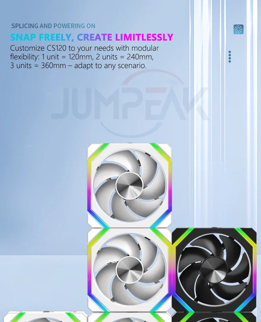 JUMPEAK CS120 ARGB Cooling Fan 360mm 240mm Modular Stackable Splicing Silent 120mm RGB Fans Kit For Gaming PC Case Water Cooler