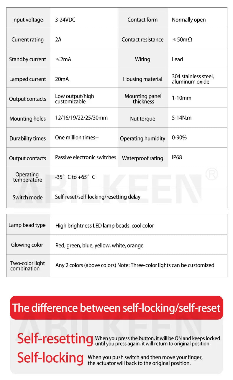 ABILKEEN 30mm 1NO Momentary/Latching Function Piezo Electric Switch IP68 Waterproof Pressure-Sensitive Switch