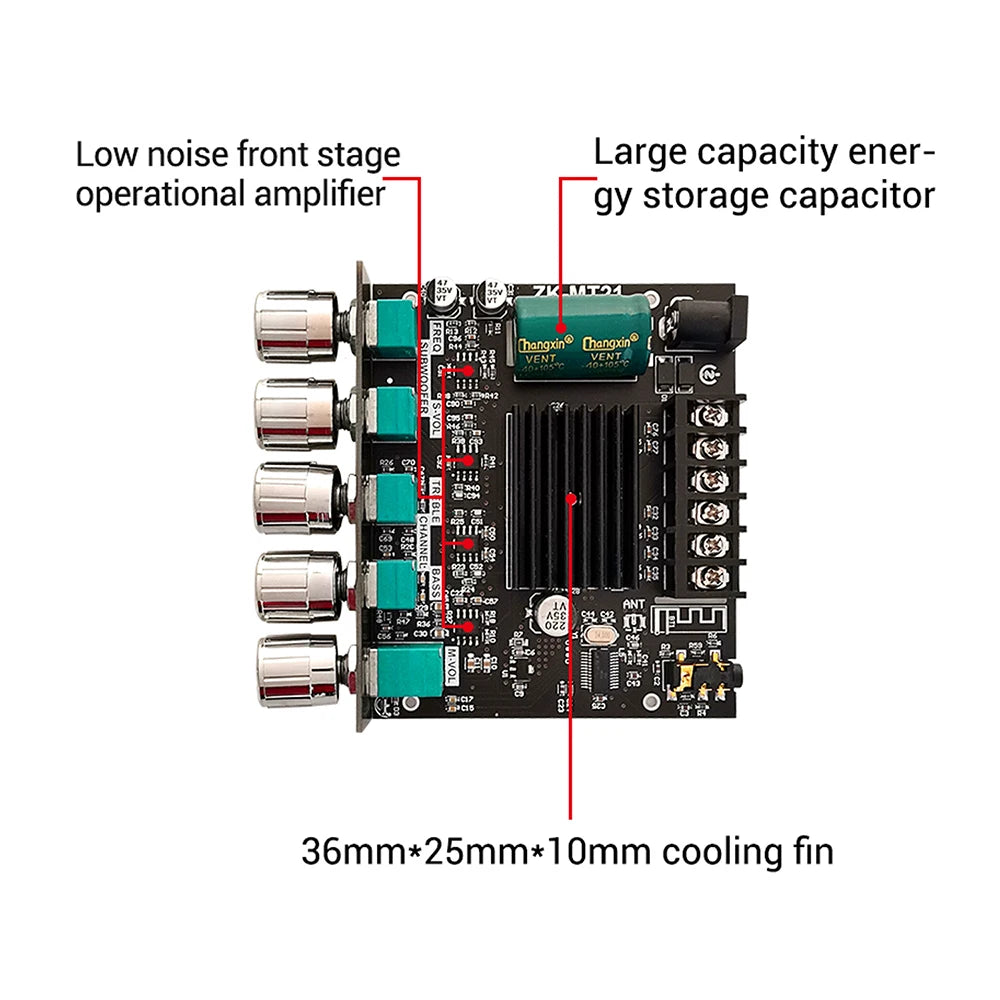 ZK-MT21 2.1-Channel Bluetooth 5.0 Digital Amplifier Module, 100W+50W+50W Subwoofer Audio Amplifier, High-Quality Amplifier Module, Supports Treble and Bass Adjustment, AUX + Bluetooth Input