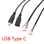 1/3Pcs 0.3M 1M 2M USB Type C Male Female Power Supply Cable Charge Connector Welding 2Pin 4Pin Wire Extension Adapter DIY Repair