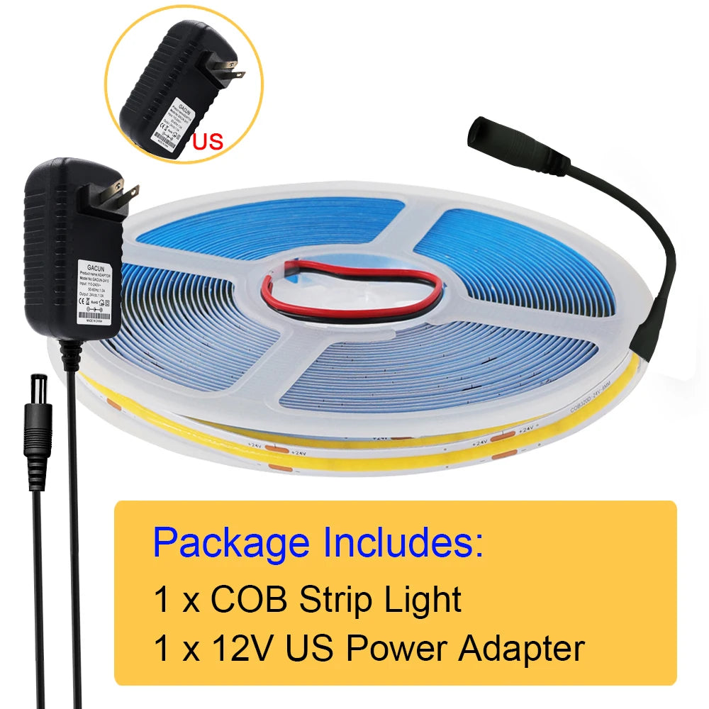 New 12V COB Led Strip With Switch Power Kit US EU UK AU Plug Flexible Light Tape Ra90 320 Leds High Density Linear Lighting