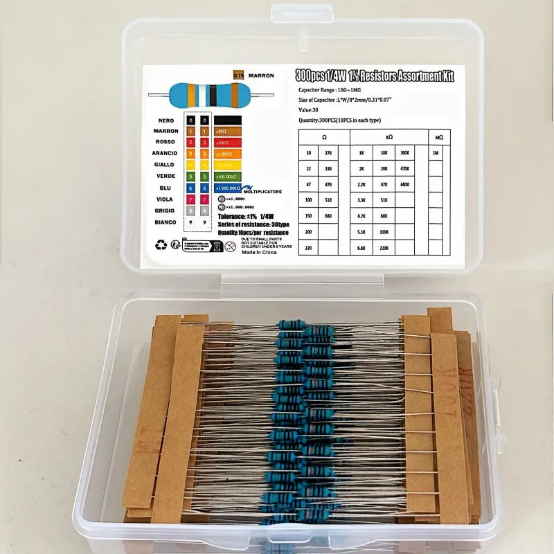 600/300PCS 1/4w Metal Film Resistor 30 Values Resistance Kit 10R-1M 150R 680K 0.25W 1% Resistors Set