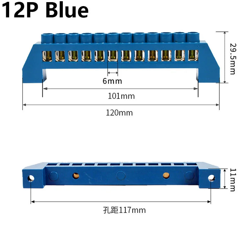 Blue White Green Bridge Design Zero Line 4-12 Pole Screw Brass Copper Grounding Strip Terminal Block Connector Earth And Neutral