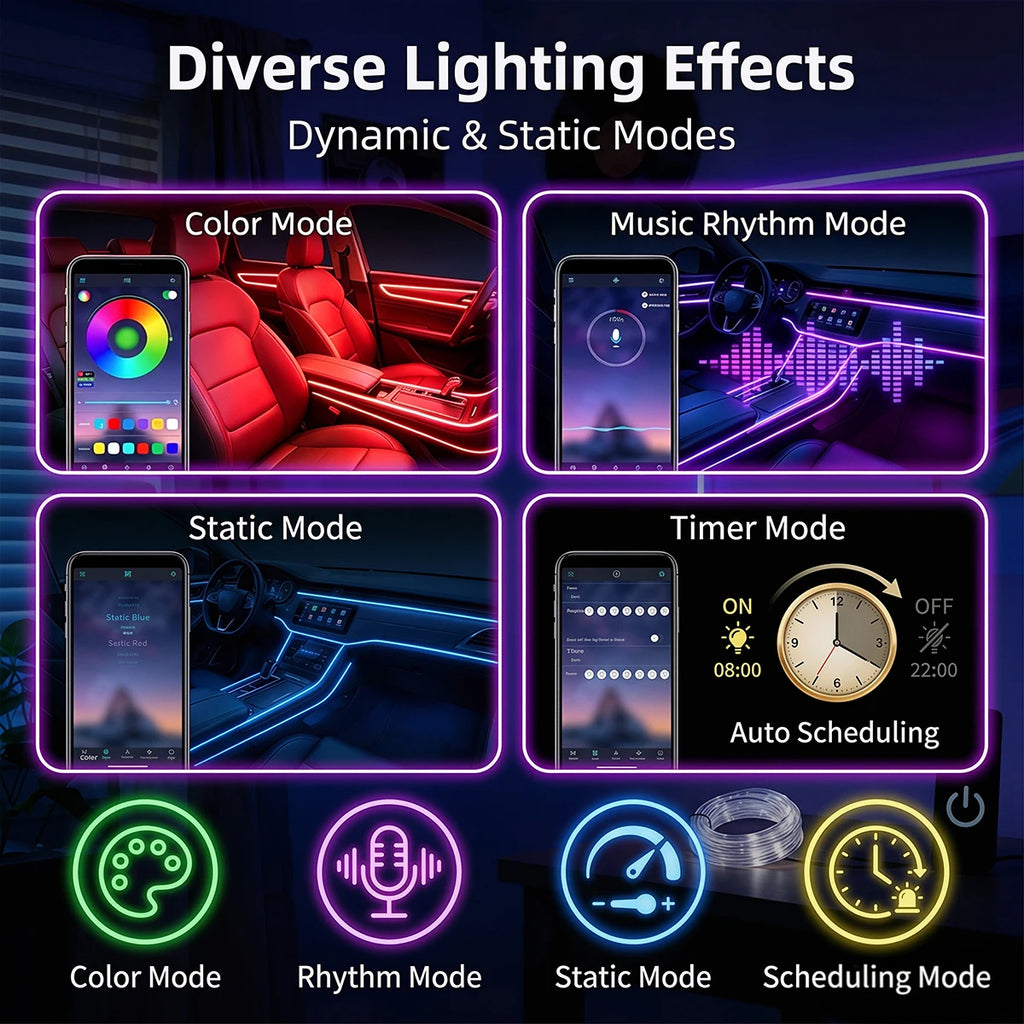 Car Interior Ambient LED Strip Lights RGB Fiber Optic Atmosphere Ultra-thin Heat-resistan Neon Lighting APP Control Decor Lamps