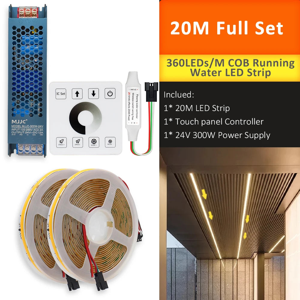 COB Horse Race LED Strip 24V WS2811 Running Water Flowing Light 360LEDs/m RF Touch Panel Controller 5M for Home Decoration