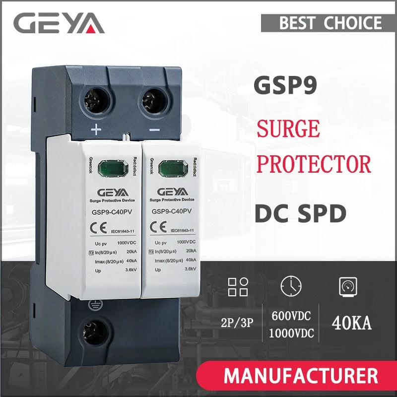 GEYA GSP9 DC Surge Protector PV SPD 600V 1000V 20KA 40KA SPD 2P 3P Surge Protective Device Lightning Protection