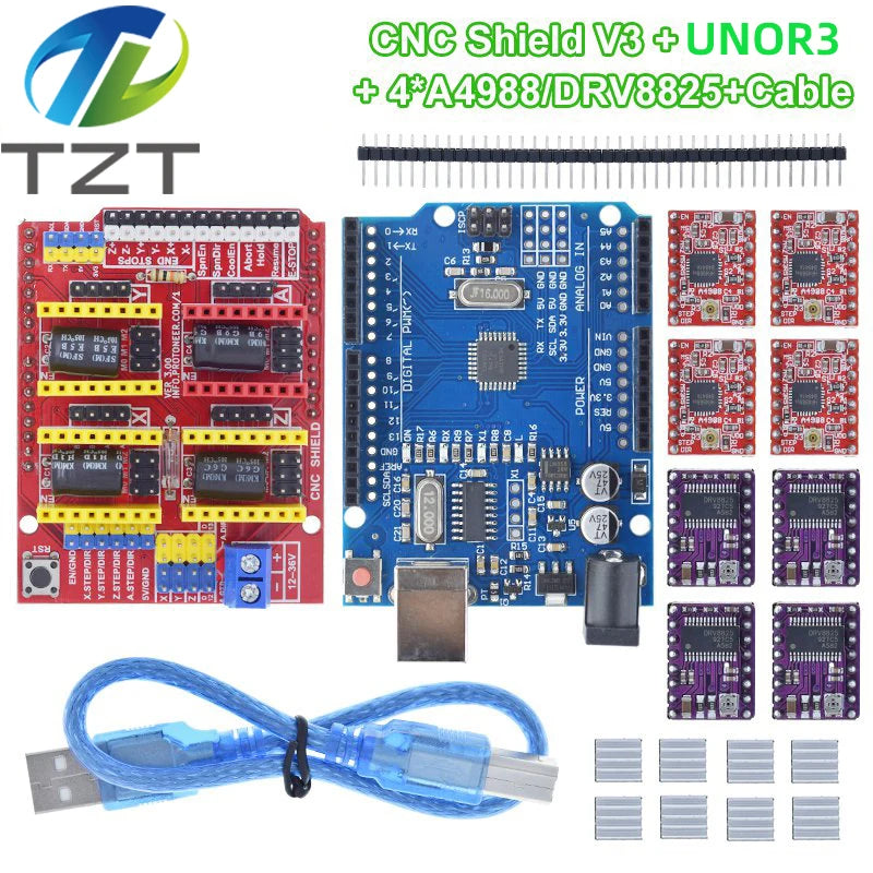 TZTUNO R3 With USB Cable + CNC Shield V3 Engraving Machine 3D Printe+ 4pcs DRV8825 Or A4988 Driver Expansion Board For Arduino