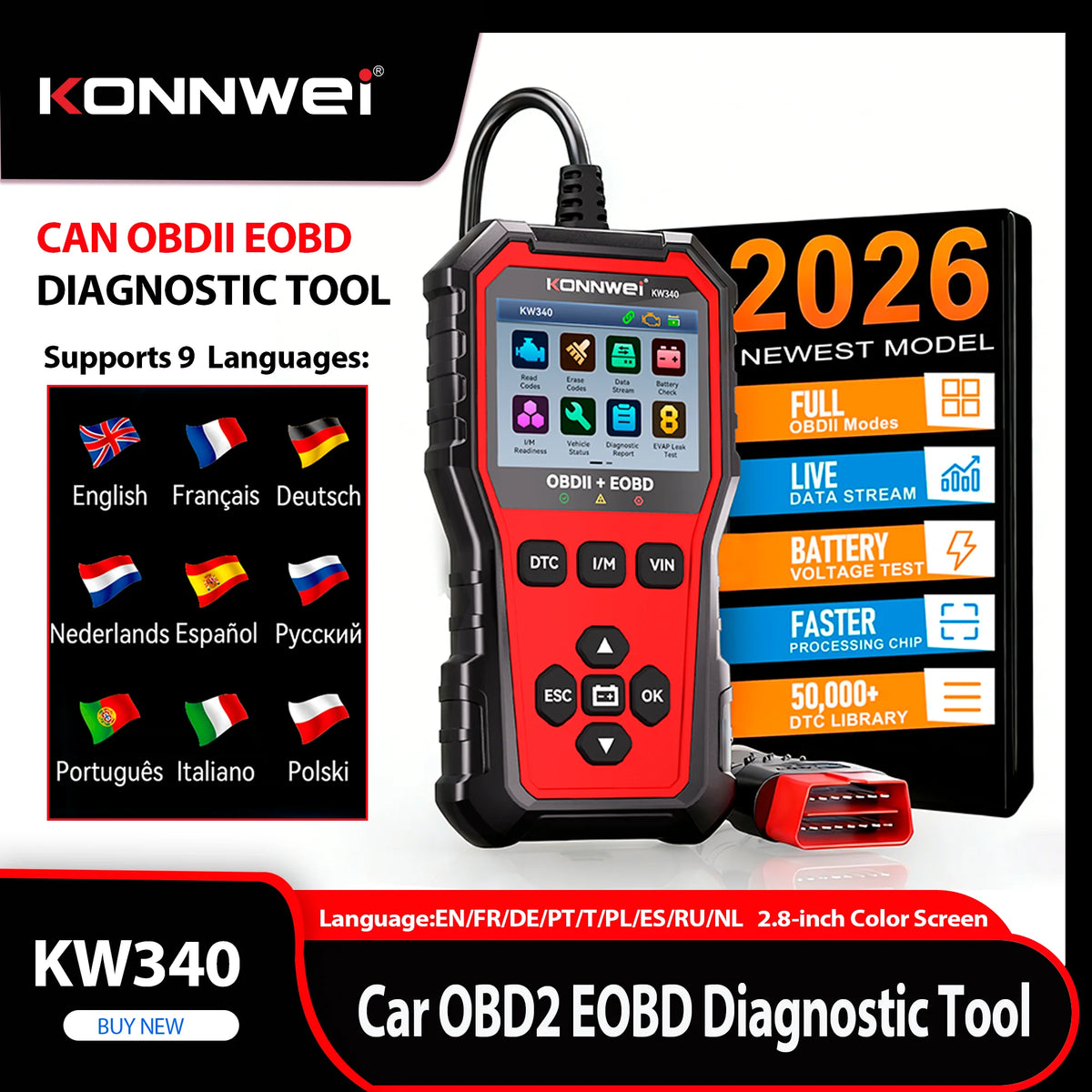 KONNWEI KW340 Car OBD2 Diagnostic Tool CAN EOBD 3in1 Engine Battery Test Read Clear Fault Code Real-Time Data O2 Inspection Tool