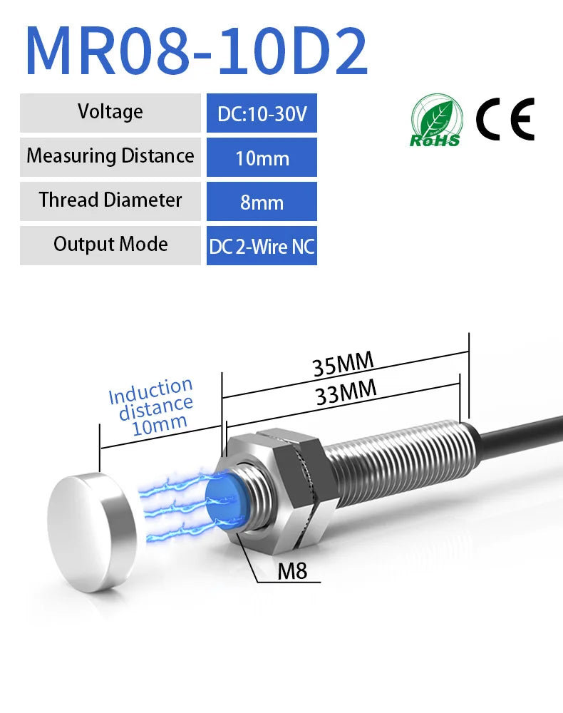 GTRIC Reed Switch Hall Effect Magnetic Proximity Sensor LG08A3 M8 Cylinder Series 5-200V AC DC Universal 2 Wires NO NC