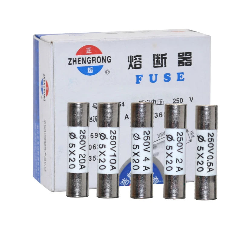 100pcs ceramic fuse 5mm x 20mm slow melting R054 AC250V 0.5A, 1A, 2A, 3A, 4A, 5A, 6A, 8A, 10A, 13A, 15A, 16A, 20A, 25A