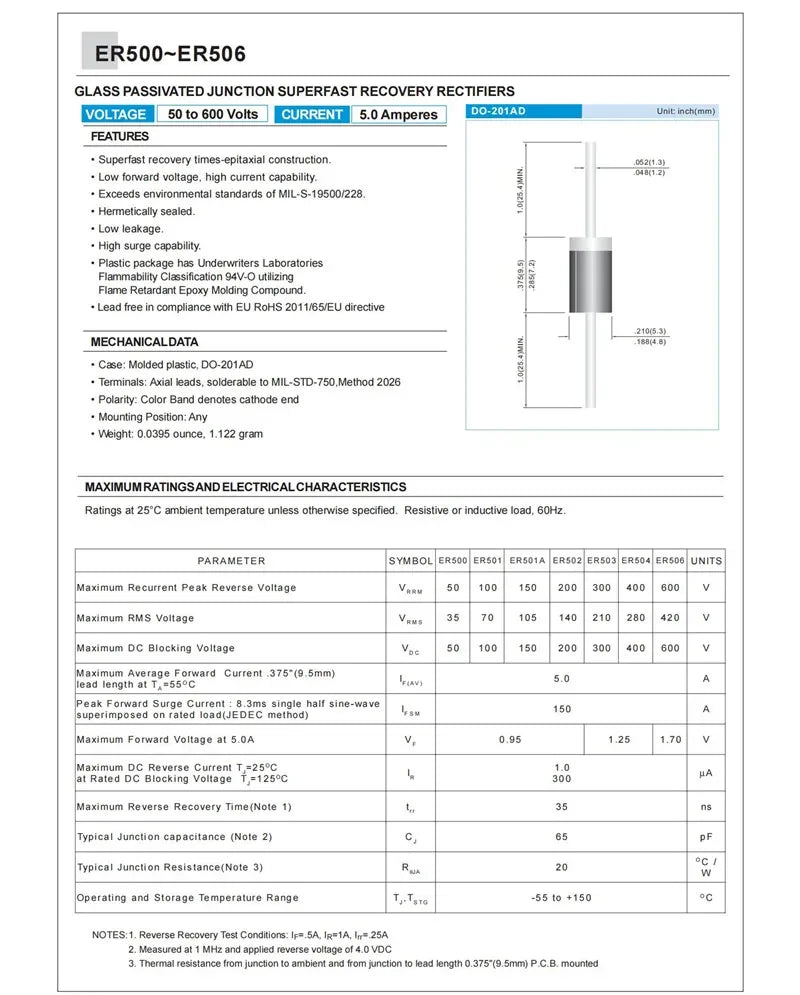 20PCS ER202 ER204 ER206 ER302 ER304 ER306 ER502 ER504 ER506 2A 3A 5A 200V 400V 600V Super Fast Recovery Rectifier Diode