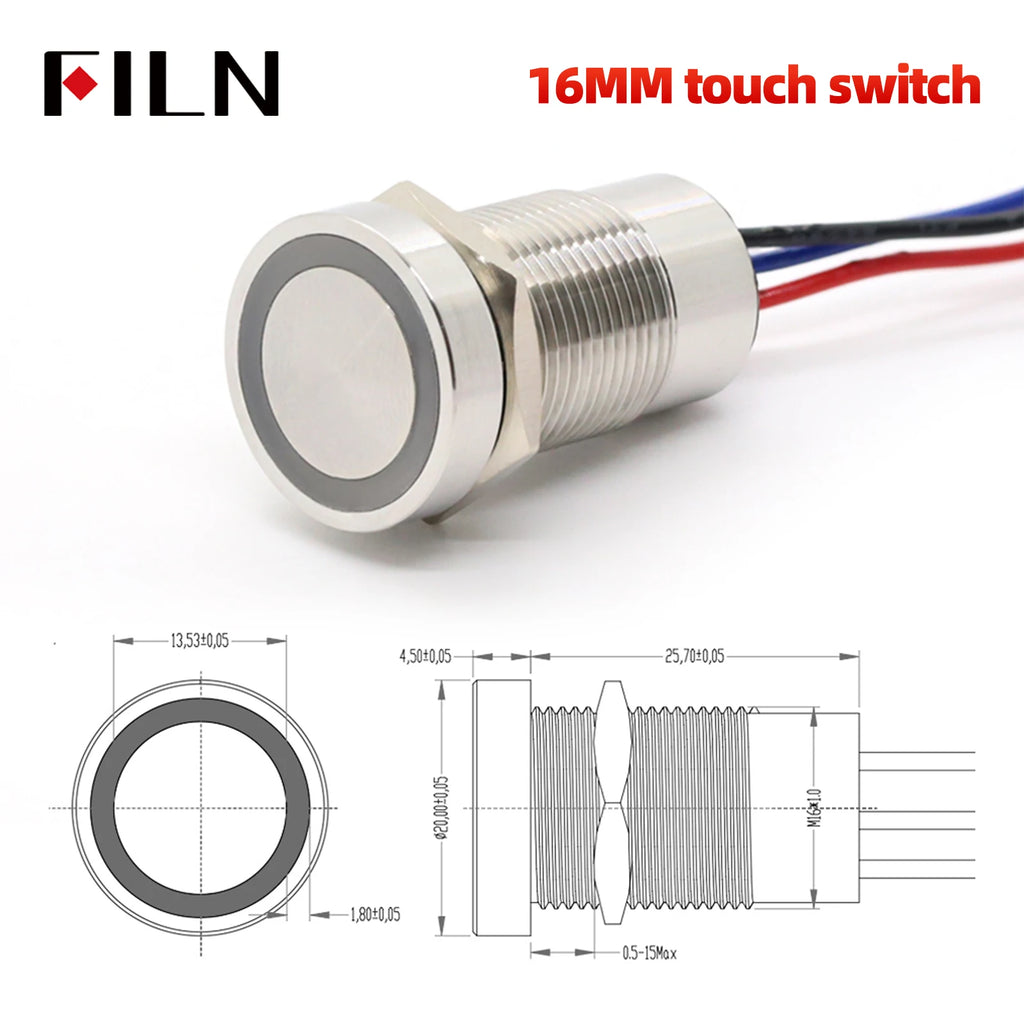 FILN 16/19/22mm Stainless Steel Touch Push Button Switch Dual Color LED Red Green Waterproof IP68/IP69K DC 12V/24V Momentary