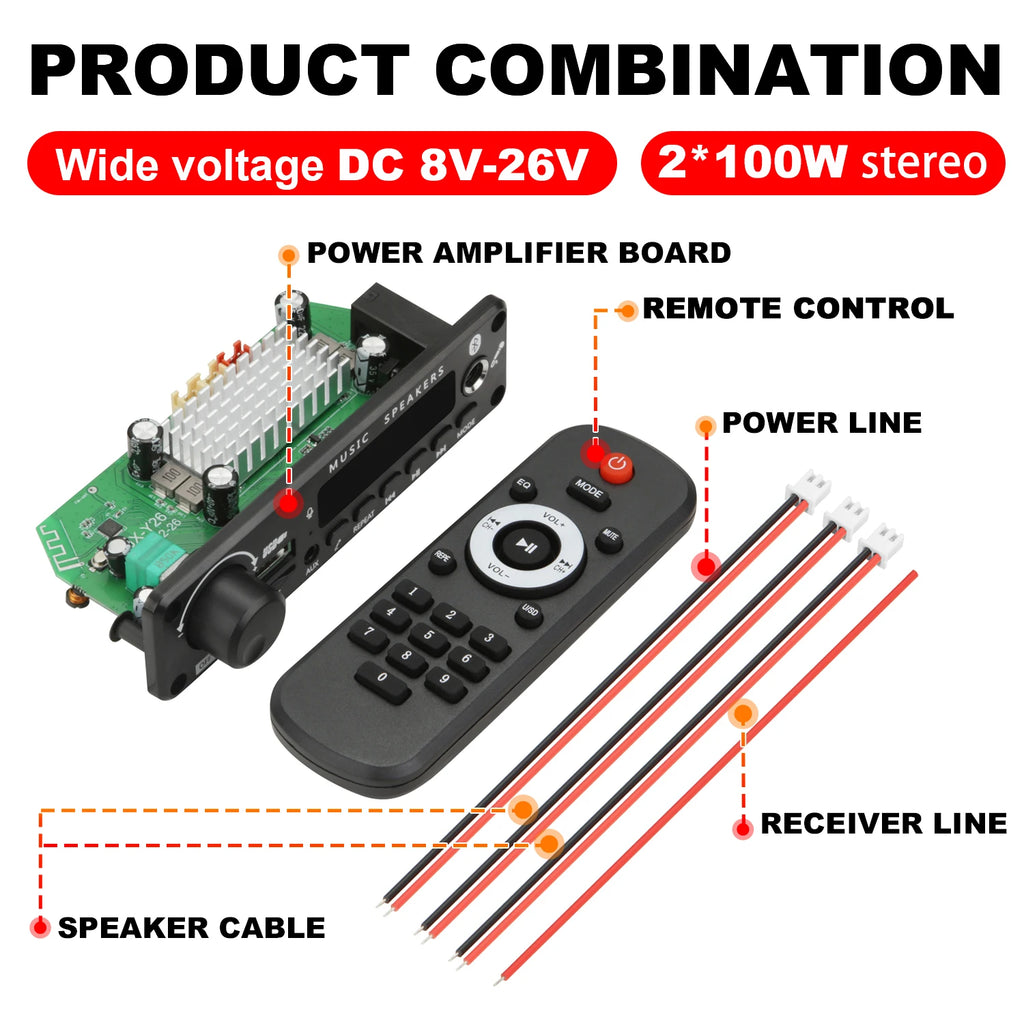 Handsfree 200W Amplifier Bluetooth DIY MP3 Decoder board 12V Wireless Car MP3 Player Record USB TF AUX FM Radio Folder Switching