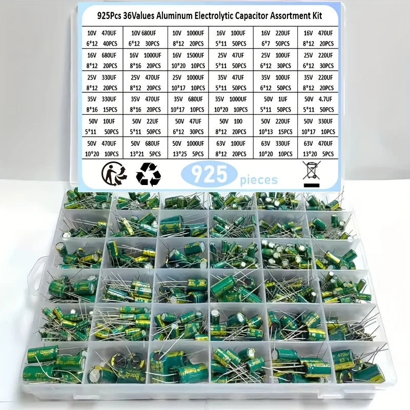 925Pcs 36Values Aluminum Electrolytic Capacitor Assortment Kit Low ESR 1uF 4.7uF 10uF 22uF 47uF 100uF 220uF 330uF 470uF