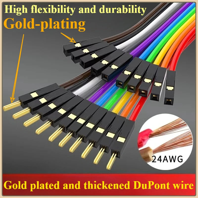 10PCS/lot Gold Plated Pure Copper Thickened DuPont Wire 24AWG Male to Female to Male Ribbon Wire DuPont Connector Wire 20cm/30cm