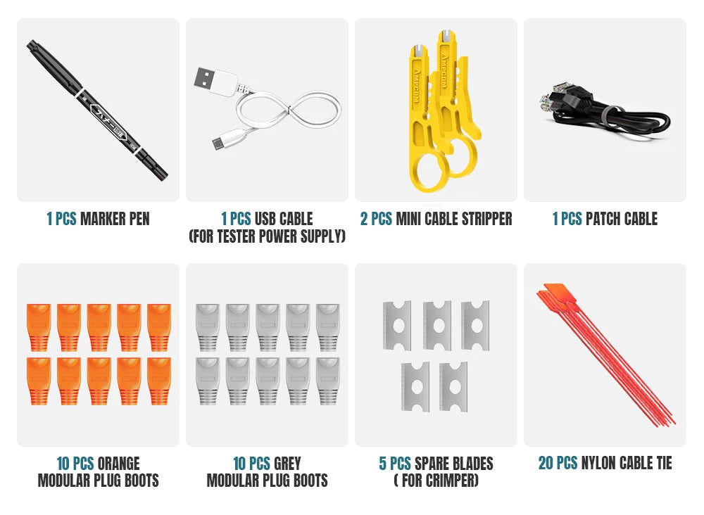 AMPCOM Network Tool Kit, Lan Tester RJ45 Crimper Cat6 CAT5E Connectors RJ11 Punch Down Tool Wire Stripper Pliers Ethernet Cable