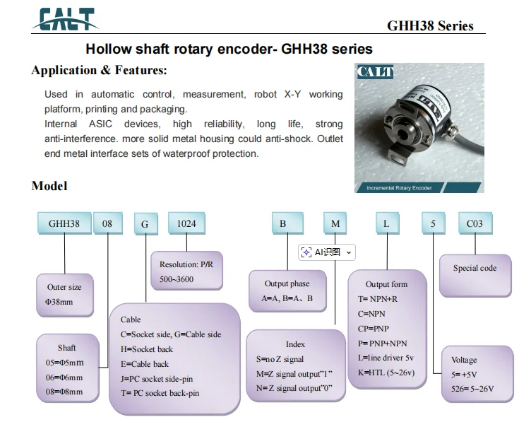 CALT GHH38 Hollow Shaft Encoder Through Hole Incremental Rotary Pulse Encoder 400PPR 600PPR 1000PPR 1024PPR 2500PPR