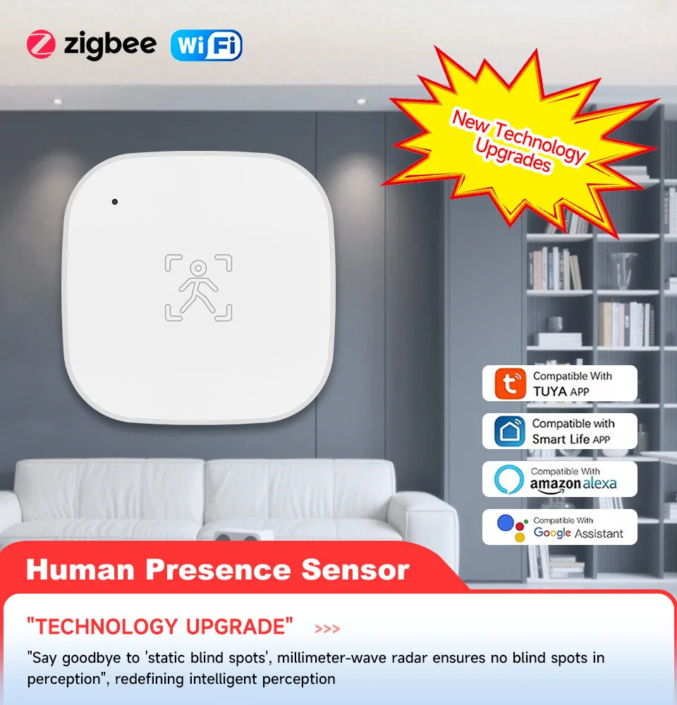 Smart Life Zigbee 24G MmWave Radar Motion Sensor Human Presence Detector Battery Powered Breathing Monitor for Home Automation