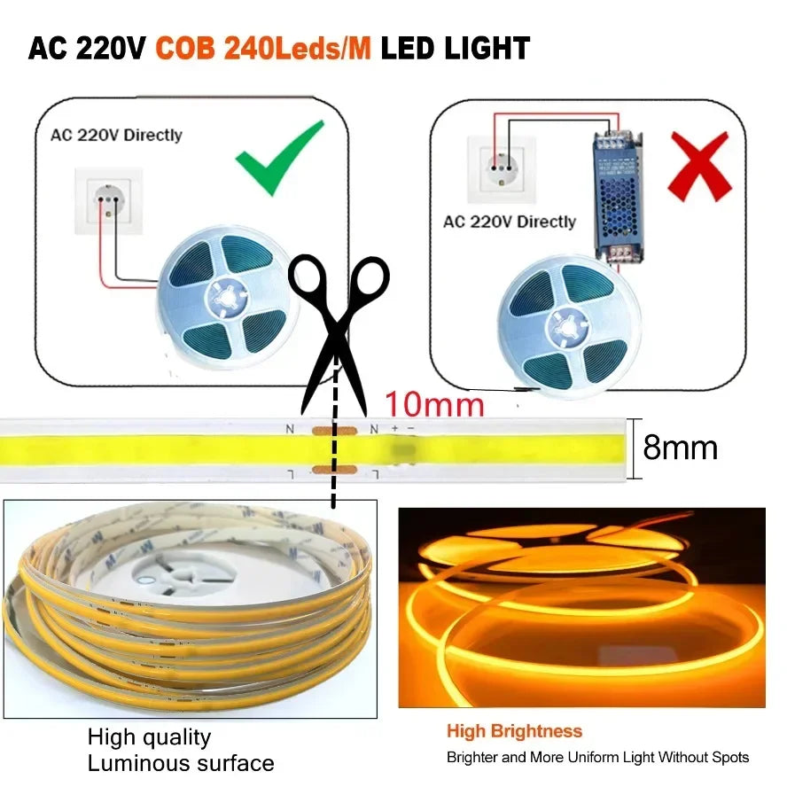 220V COB LED Strip 0.5M-10M Flexible Tape Light Smart IC No Need Driver High Bright 240 LEDs Linear Lighting RA95 Warm Ice Blue