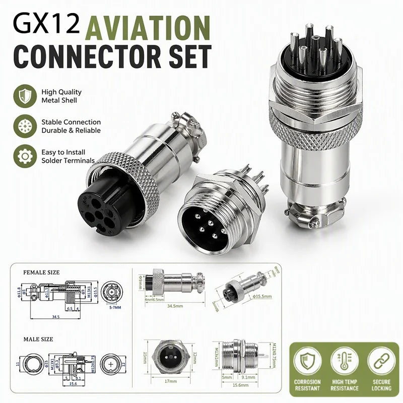 5Pcs GX12 Aviation Connector Plug Socket 2/3/4/5/6/7 Pin Male Female Panel Mount 12mm Circular Metal Wire Adapter Nut Type
