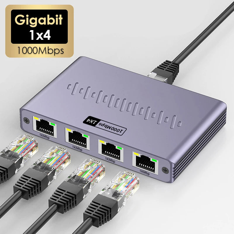 1000Mbps Ethernet 1x4 Splitter Gigabit RJ45 Cat6 LAN Internet 1 in 4 out Extension Coupler for PC Laptop Router Digital TV Box