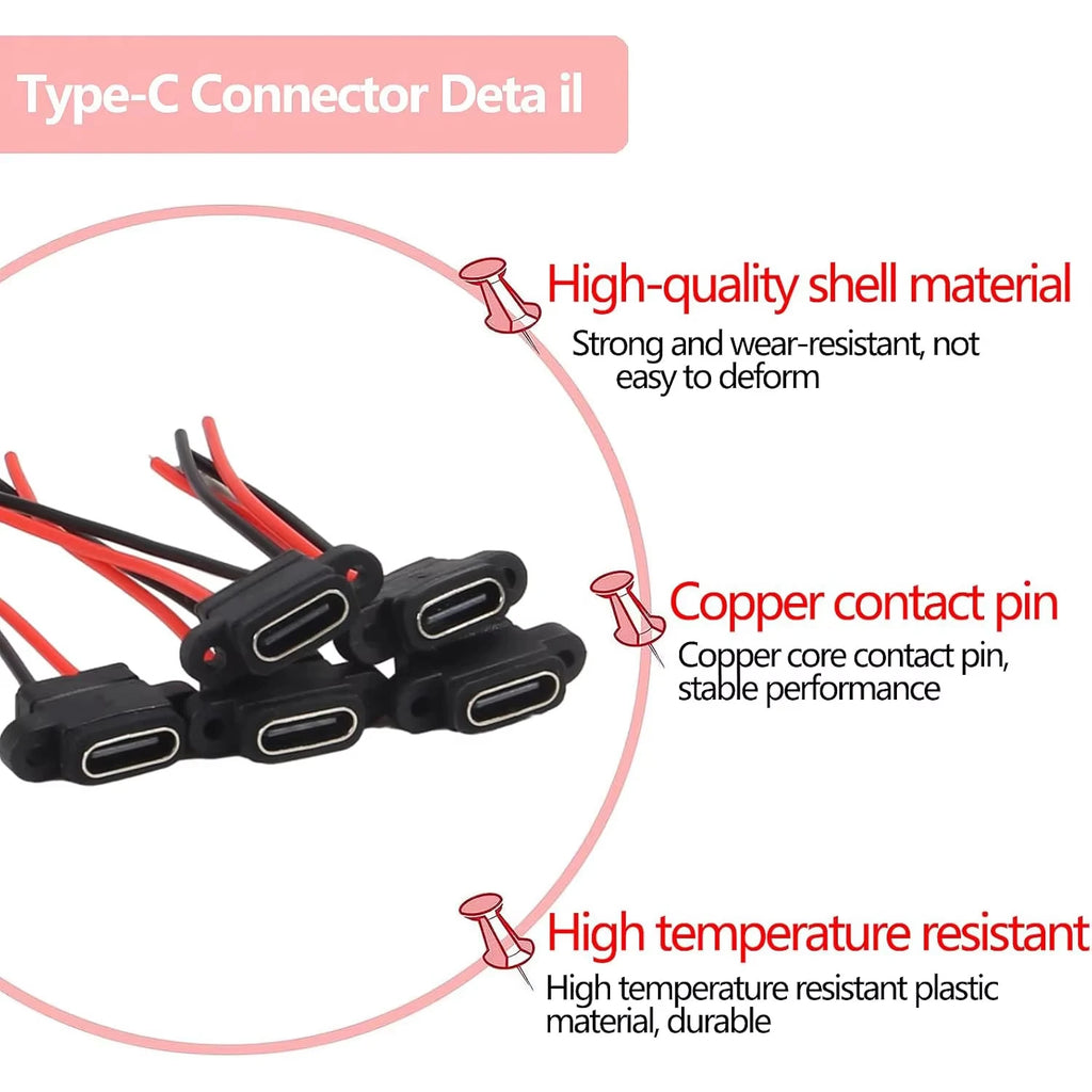 Waterproof USB3.1 Type C Female Panel Mount Socket 2Pin 3A High Current Fast Charging Welding Connector with Rubber O Ring Seal
