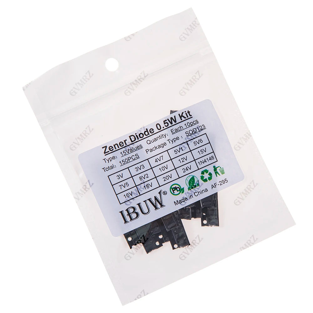 150PCS 15Values 0.5W Zener Diode Kit 3V-24V 1N4148 SOD123 for Voltage Regulation Projects 1N4148