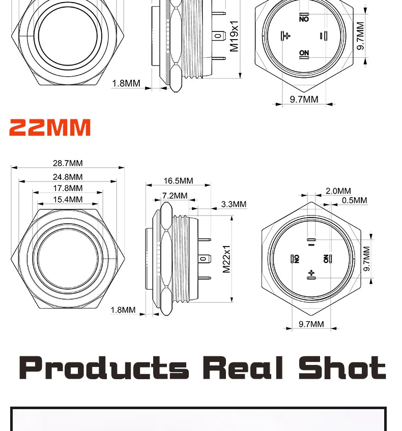 12/16/19/22mm Metal Push Button Switch Short Stroke Silver Shell Waterproof High Head With Power LED Light Momentary 1NO 6V 24V