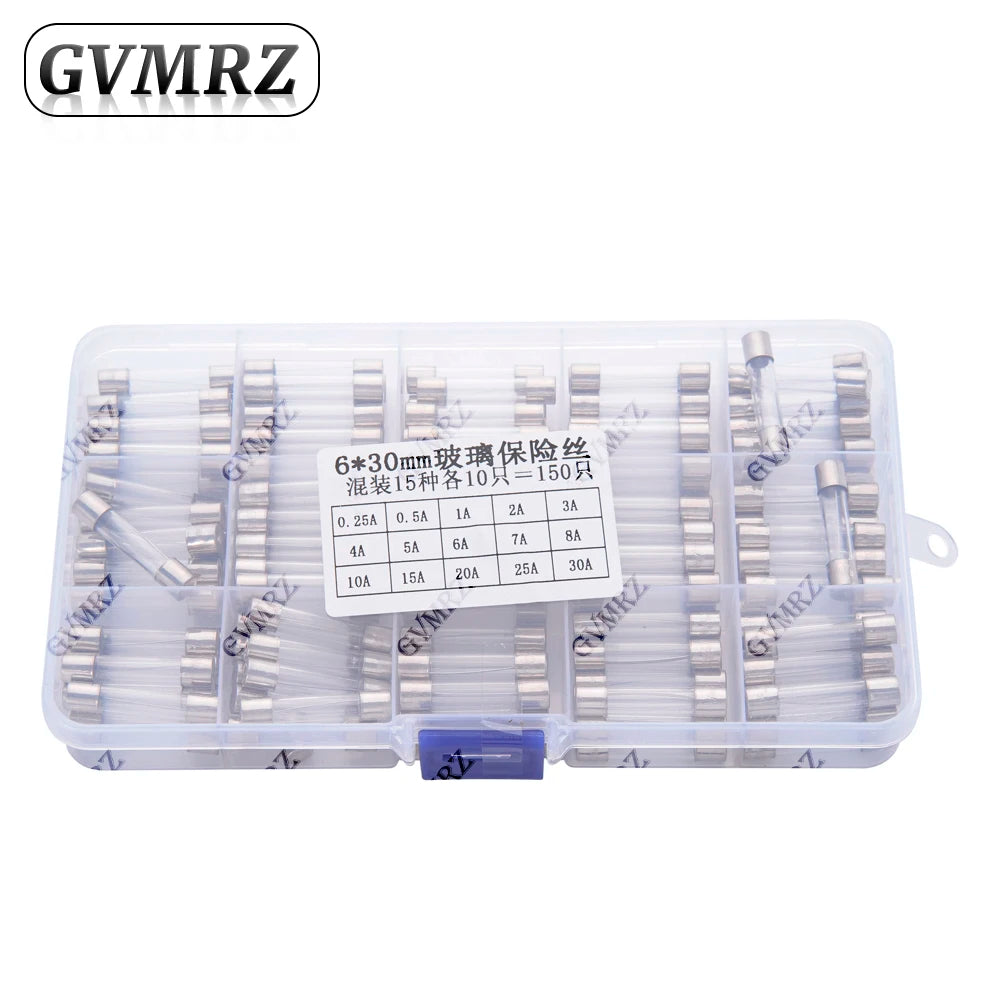 150PCS 15Values 6*30 Glass Tube Fuses Car Glass Tube Fuses Assorted Kit 6X30 with Box fusiveis 0.1A-30A Household Fuses