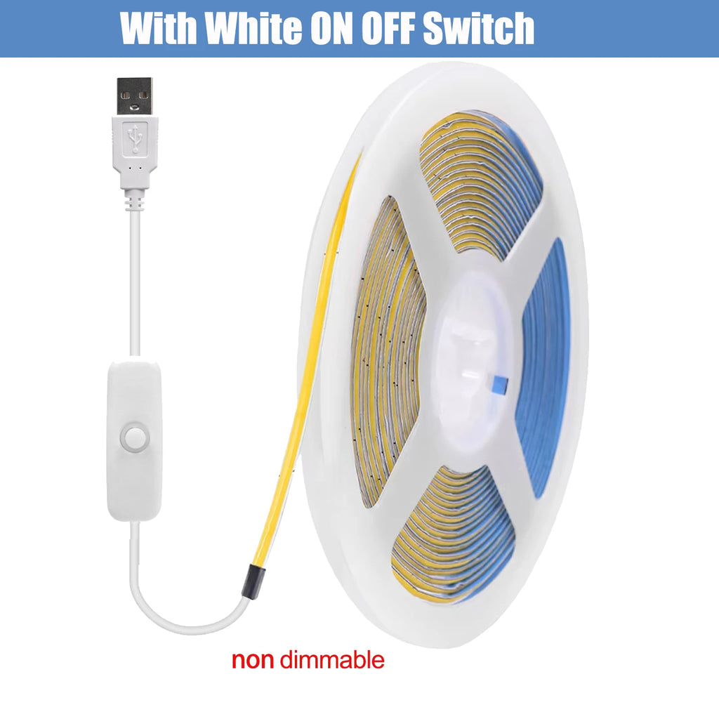 USB 3mm COB LED Strip Light 5V Flexible LED Tape with Dimmer/ON OFF Switch 320LEDs High Density Linear Lighting Backlight Decor