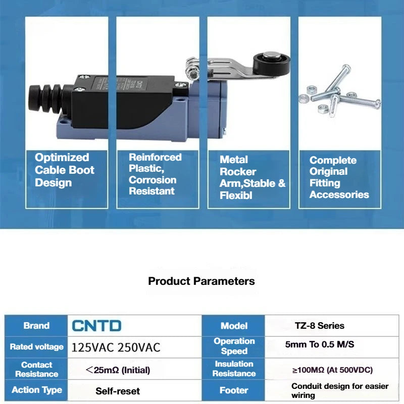2Pcs CNTD TZ‑8 Series Micro Limit Travel Switch IP65 Waterproof 1NO+1NC 10A 250VAC Industrial Mechanical Position Switch