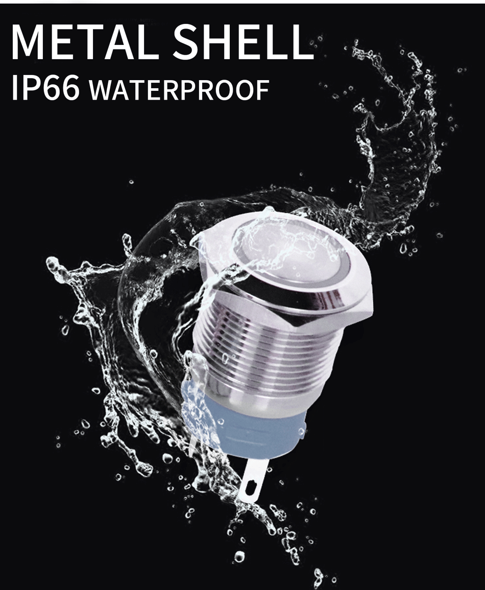 16 19 22mm With Wire Waterproof Metal Push Button Switch  LED Ring/Power Light Momentary Latching   5/12/24/220V silver1NO1NC