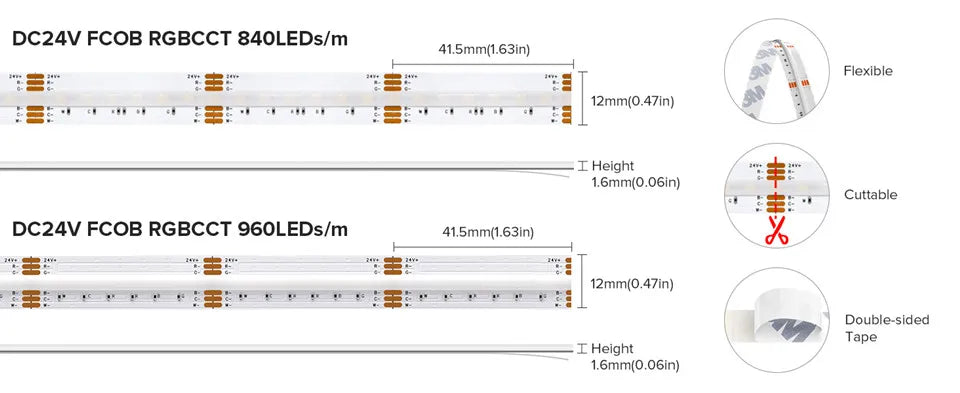 FCOB RGBCCT LED Light Strip 6Pin 12mm DC24V 960 LEDs RGB CW WW FOB Flexible COB Linear Lights High Density RA90 Dimmable Strip