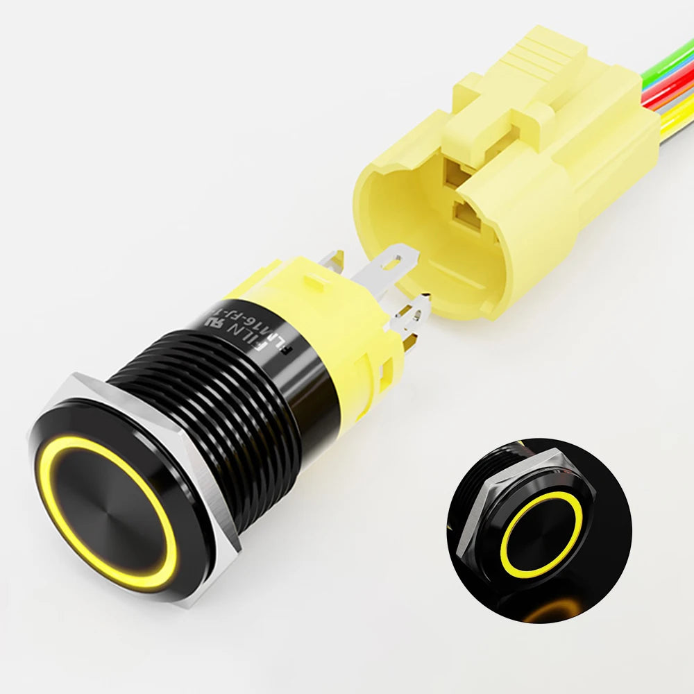 16/19/22mm IP67 Waterproof Push Button Switch LED Ring Light Momentary/Latching Harness Connector Car Engine Power Switches