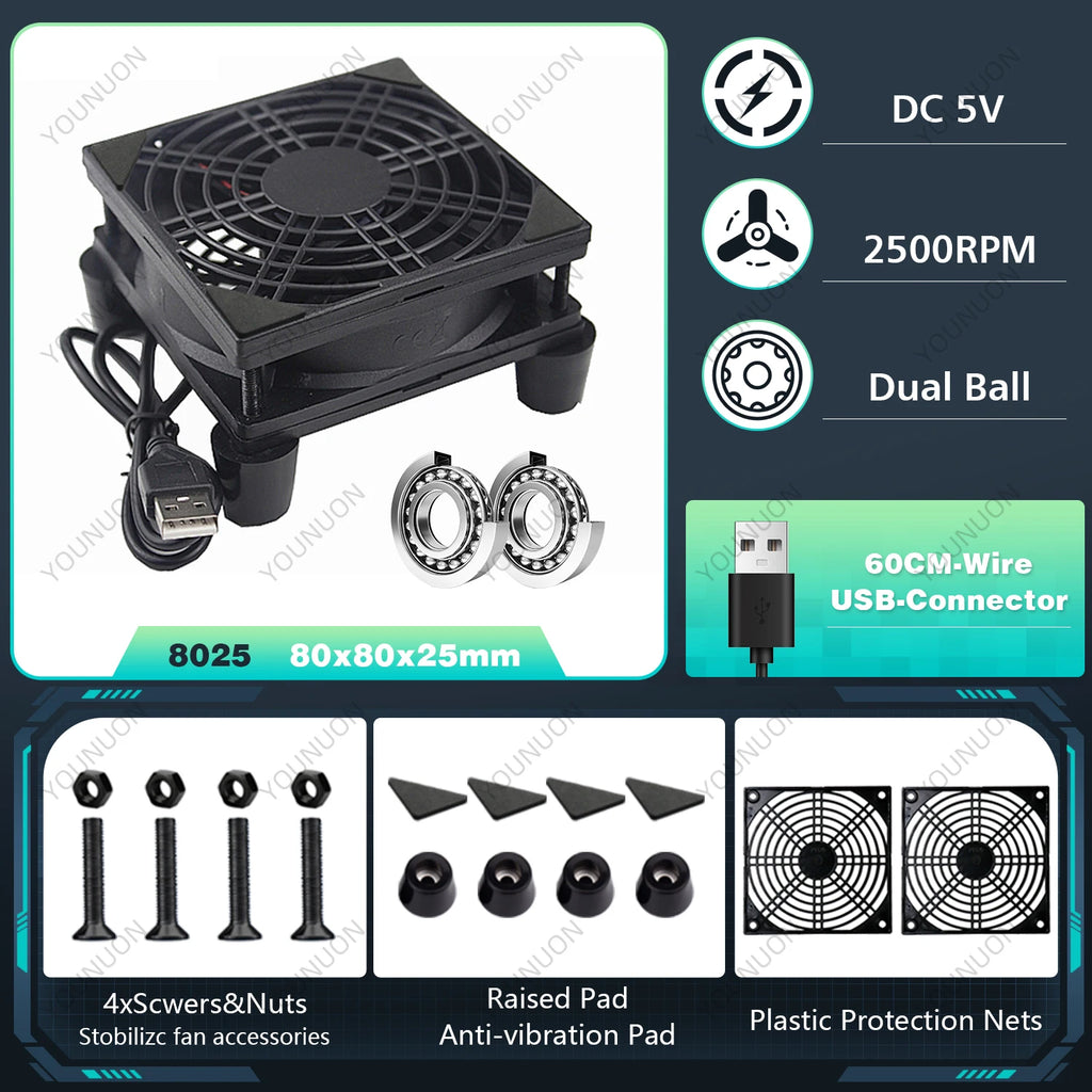5V USB Router Fan 80mm 92mm 120mm 140mm DIY TV Box Ball/Sleeve Cooler & Protective Net Desktop Cooling Fan