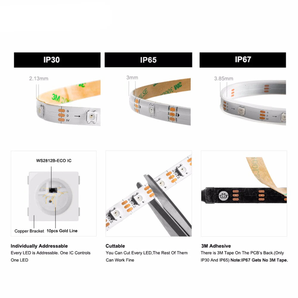 1m/2m/5m WS2812B ECO 30/60/100/144 Pixels/Leds/M TV RGB Led Strip Light WS2812 IC Individually Addressable Black/White PCB DC5V