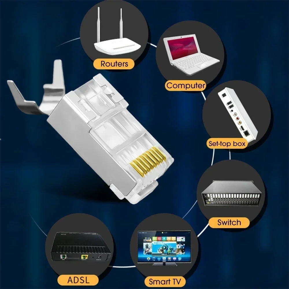 RJ45 CAT5 Pass Through Connectors Crystal End Gold-Plated to Crimp Modular Plug for Solid Or Stranded UTP Network Cable Sleeve