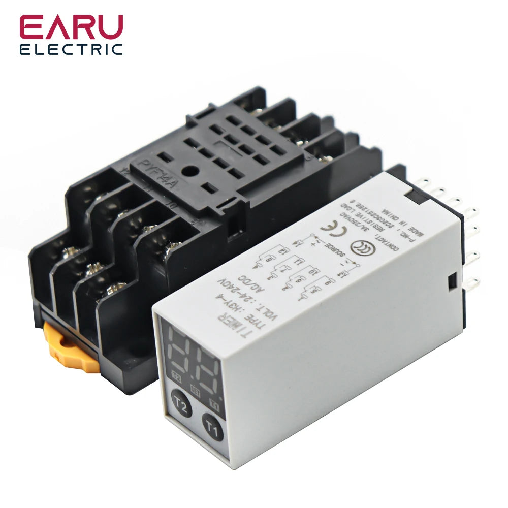 EARU Digital Time Relay 0.1s-990h Multi-Mode Power On Off Delay Cycle Timer AC DC 24-240V 2NO2NC with Base Socket