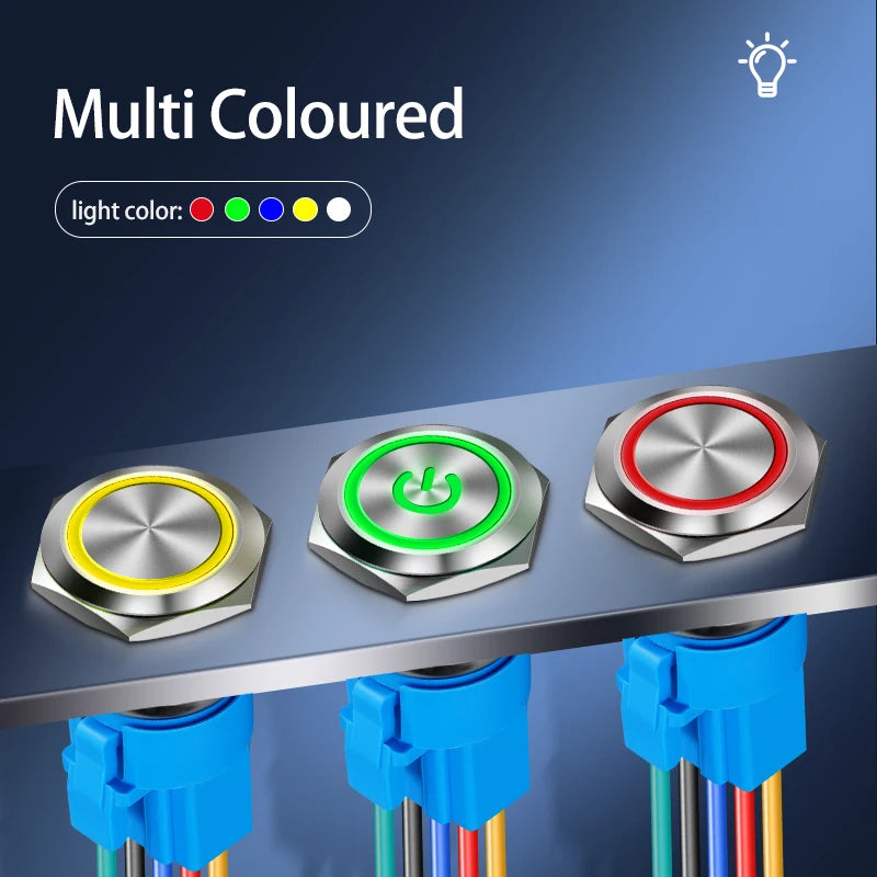 Metal Round Push Button Switch 12‑16‑19‑22mm, Momentary & Latching Power Control Button with LED Indicator for Electronic Projec